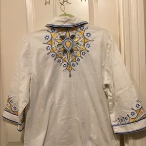 Bob Mackie wearable art. White with blue and yellow embroidered design. Size L